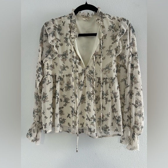 Peach Love California Tops - Peach Love California Cream Floral Ruffle Tie-Front Blouse